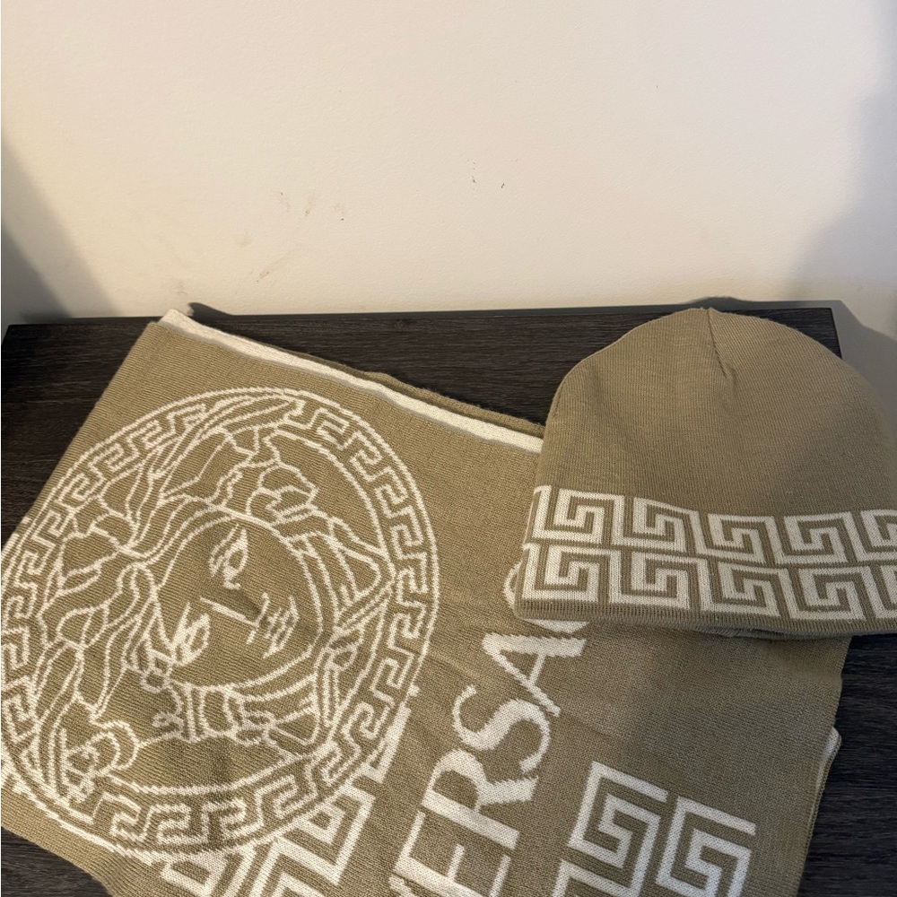 Versace Beige and Cream Scarf and Hat